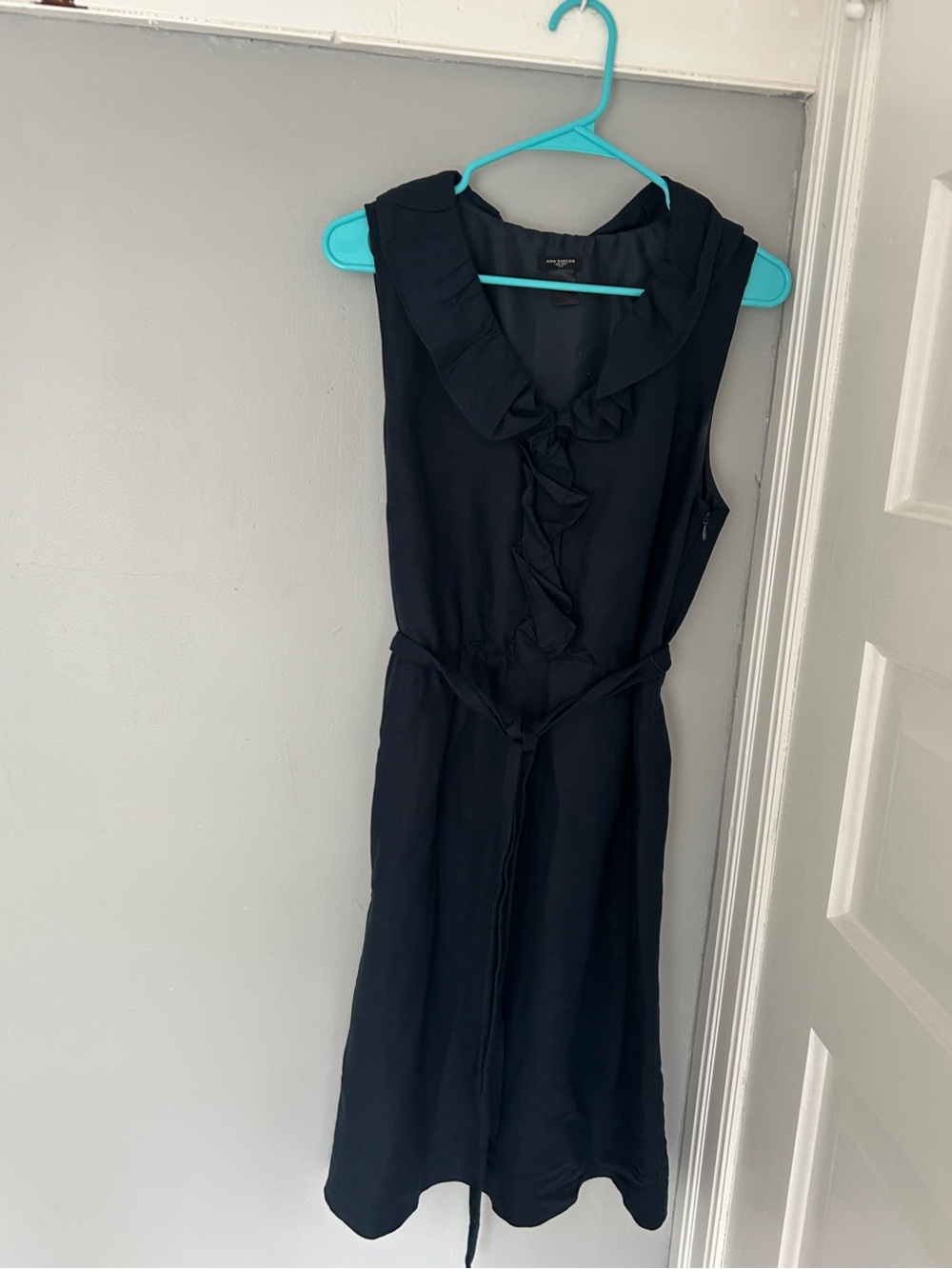 Ann Taylor Black Ruffle-Front Tie-Waist Midi Dress
